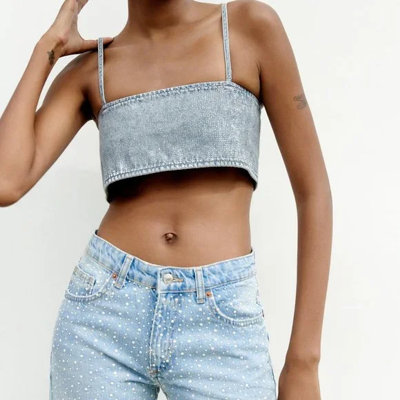 🆕 ZARA DENIM CROP TOP WITH RHINESTONES | ZARA DENIM - Picture 9 of 12